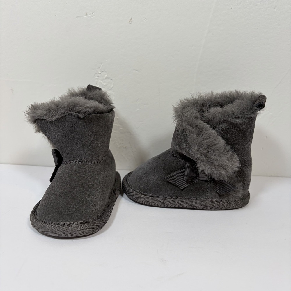 Bearpaw Bear Paw Boot Booties Leather Faux Fur Baby Toddler Size 1 0/6M Gray NEW